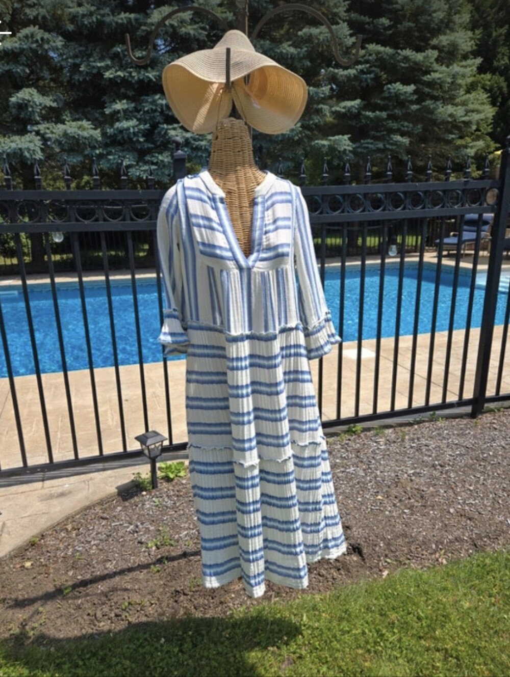 Faherty Blue and White Striped Gauze Maxi Dress